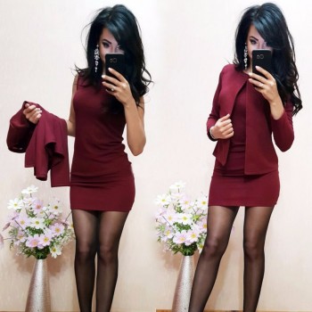 O-Neck Above Knee Mini Dress Full Sleeve Casual Coat Two Pieces 